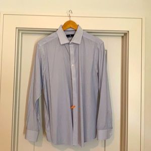 Men’s large blue and white dress shirt.  Size large.  Wore once for wedding.